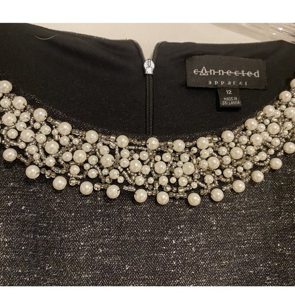 Connected Apparel Layered Front Faux Pearl Neck Dress - Black NWOT - Picture 5 of 6
